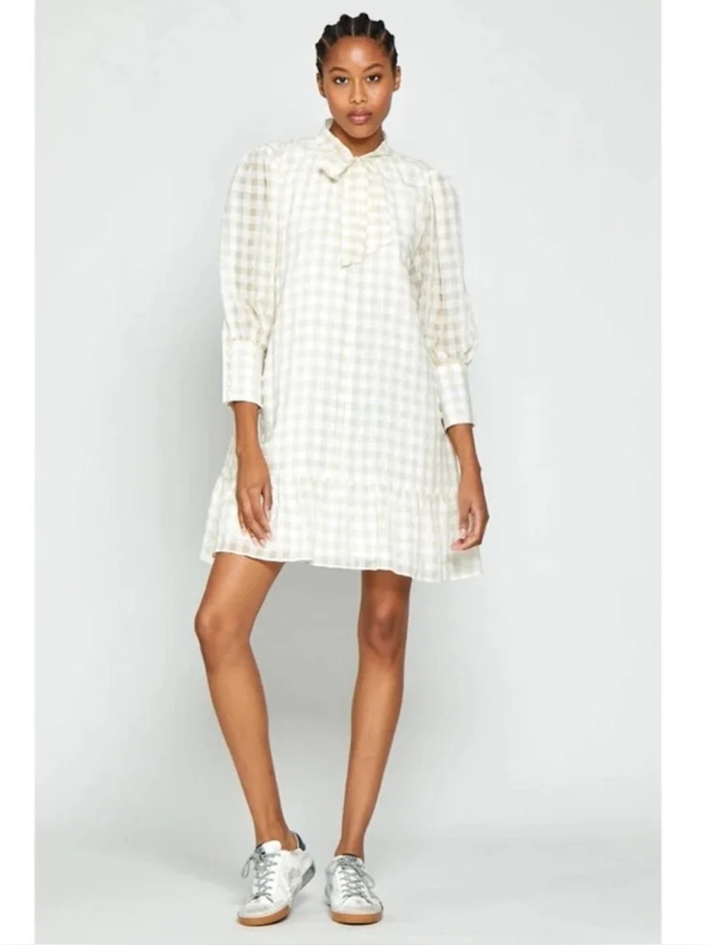 Walter Baker Ivory Gingham Tie-Neck Mini Dress Puff Sleeves